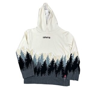Levi's Boys Size 8 Forest Mountain Hoodie Cream Gray Fleece Pullover Graphic